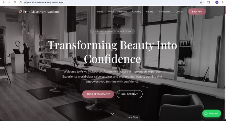 Priya Makeovers Academy website homepage