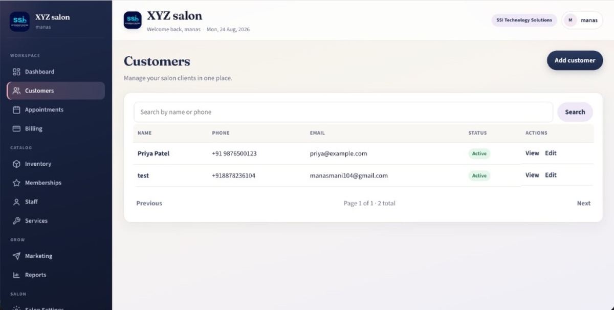 SSI Smart Salon customer list with search