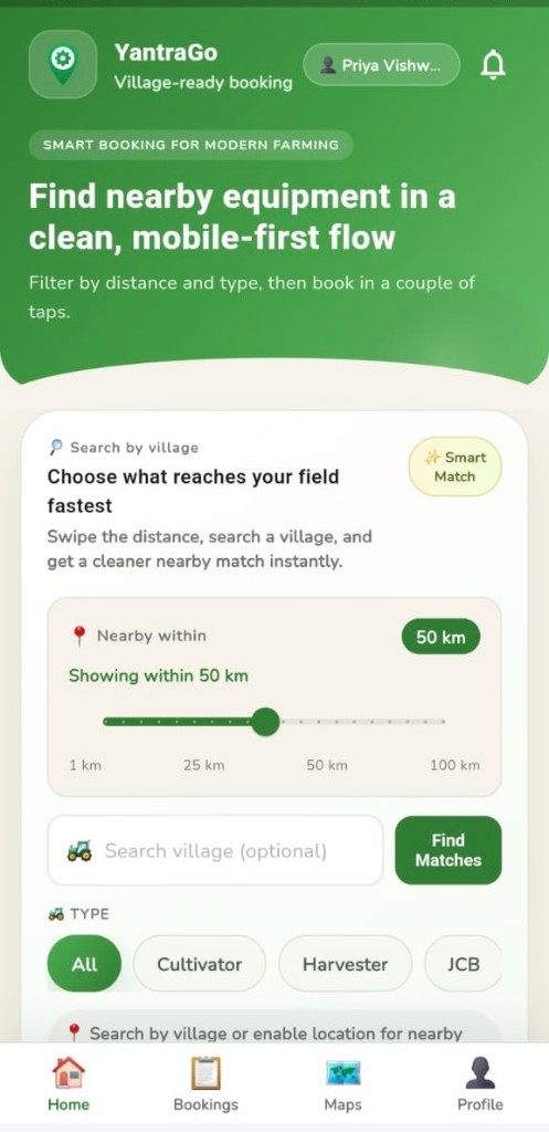 YantraGo tractor booking app farmer home screen