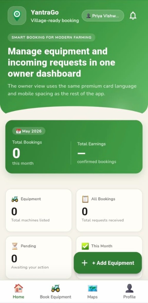 YantraGo equipment owner booking dashboard